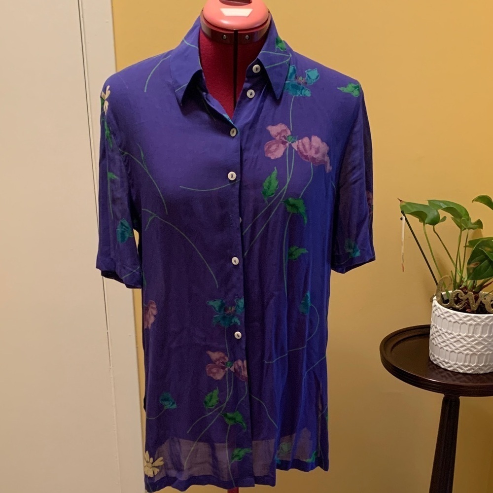 Tru Vibrant Purple Blue Floral Short Sleeve Sheer Blouse Vntage